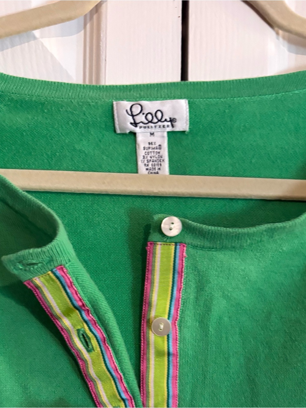 Lilly Pulitzer Green Knit Top with Striped Button Placket